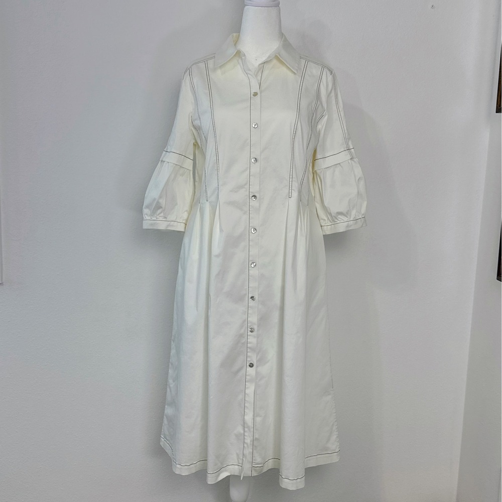 Soft Surroundings Shirtdress Womens 12 White Contrast Stitch Puff Sleeve